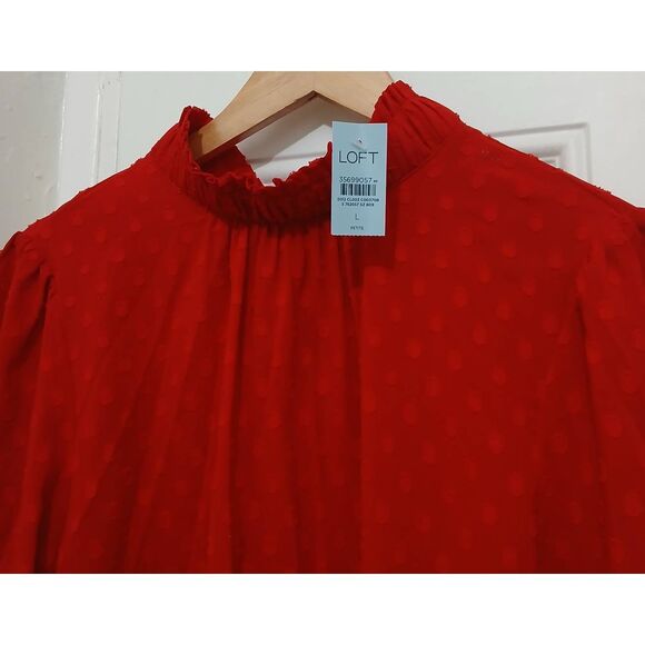 Ann Taylor womens large petite red swiss dot blouse top - Picture 3 of 7